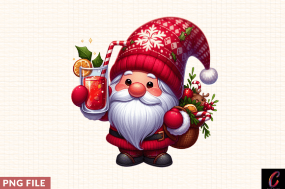 Christmas Gnome Holding Drink Clipart Pn
