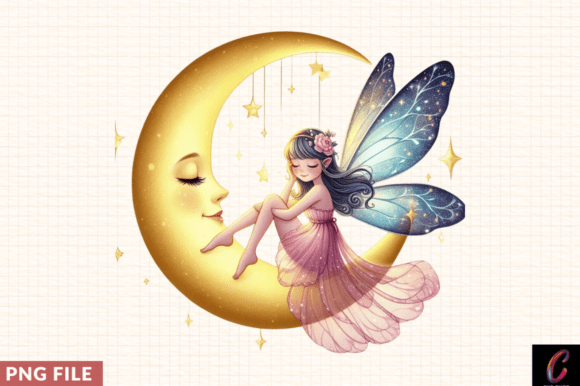 Fairy Girl on Crescent Moon Clipart Png