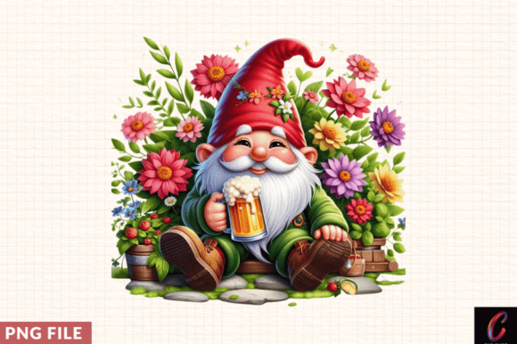 Garden Gnome with Drink and Flower PNG