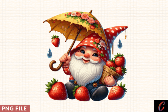 Gnome with Strawberries and Umbrella PNG