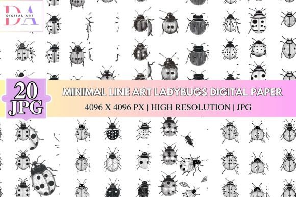 Minimal Line Art Ladybugs Digital Paper