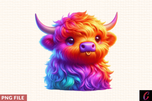 Rainbow Highland Cow Clipart PNG,Highlan
