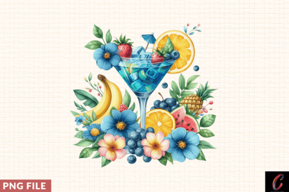 Watercolor Blue Cocktail with Fruits PNG
